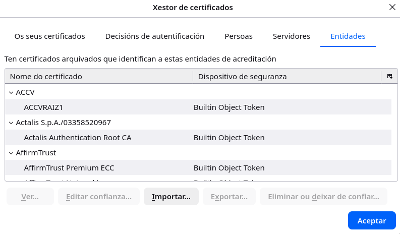 Pantalla do xestor de certificados